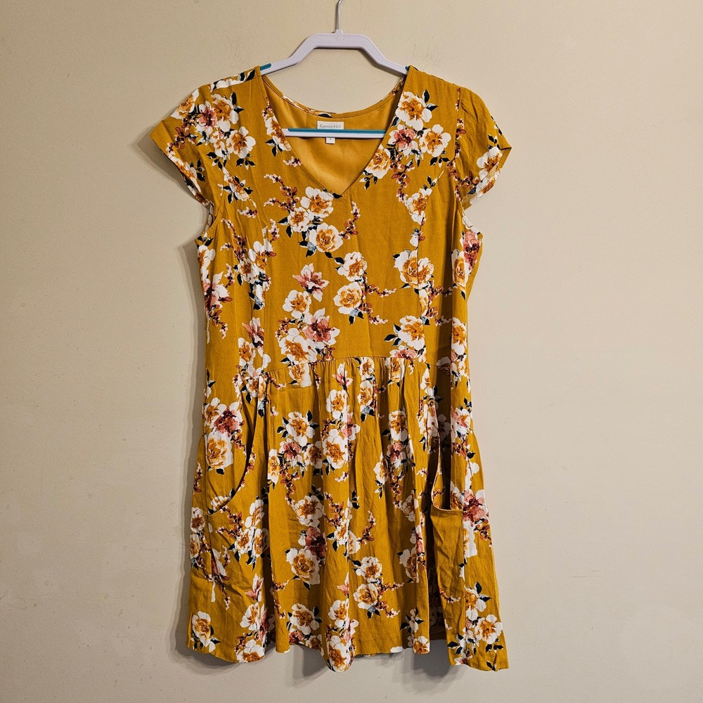 Garnet Hill Floral Summer Day Dress Womens 8 Mustard Yellow V-Neck Pockets 33462